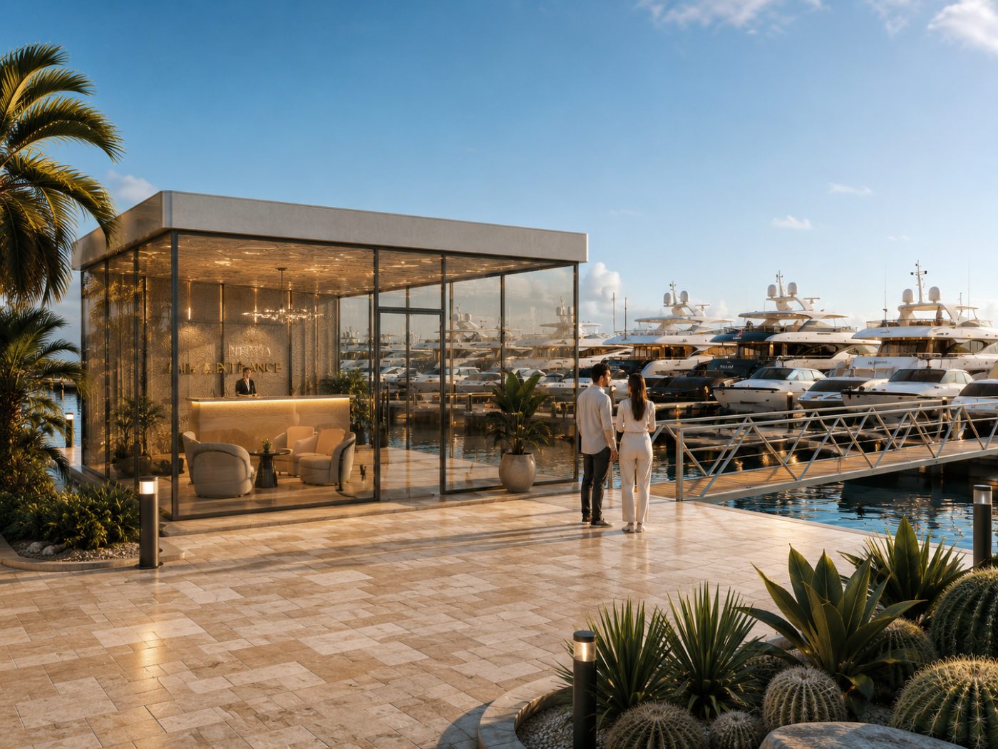 Artist’s Impression: the marina office at the head of the pontoons, yachts beyond