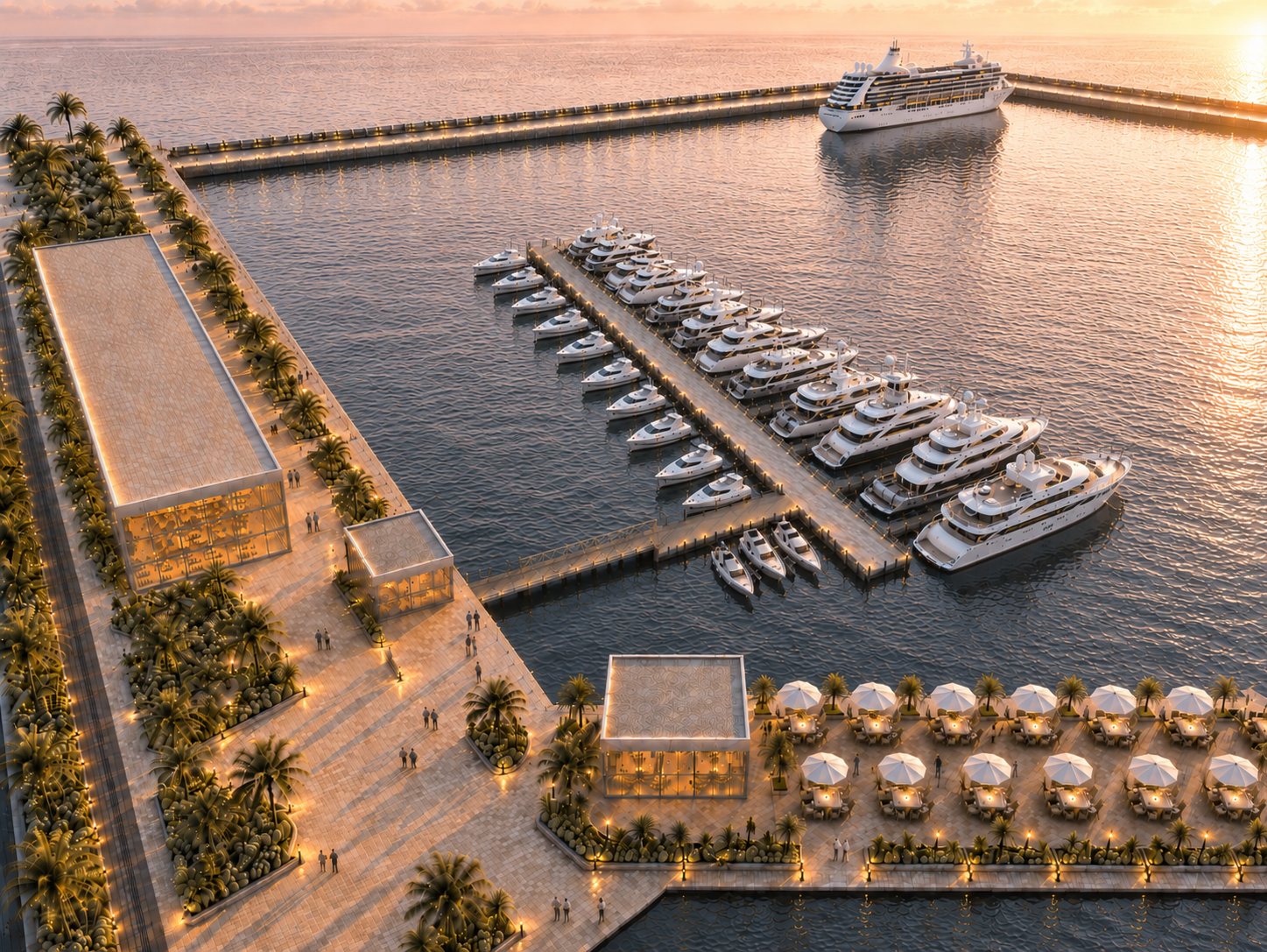 Artist’s Impression: Porto de Goa from above at dusk — yachts along the pontoons, the lit quay and restaurant terrace, the breakwater beyond