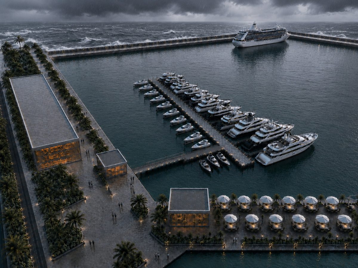 Artist’s Impression: the marina in the monsoon, the harbour water calm while the sea beyond the breakwater is rough