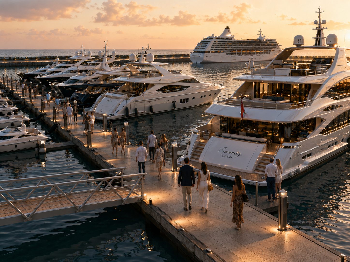 Artist’s Impression: walk-on pontoons at Porto de Goa with yachts of mixed size alongside, guests walking out to a yacht at dusk