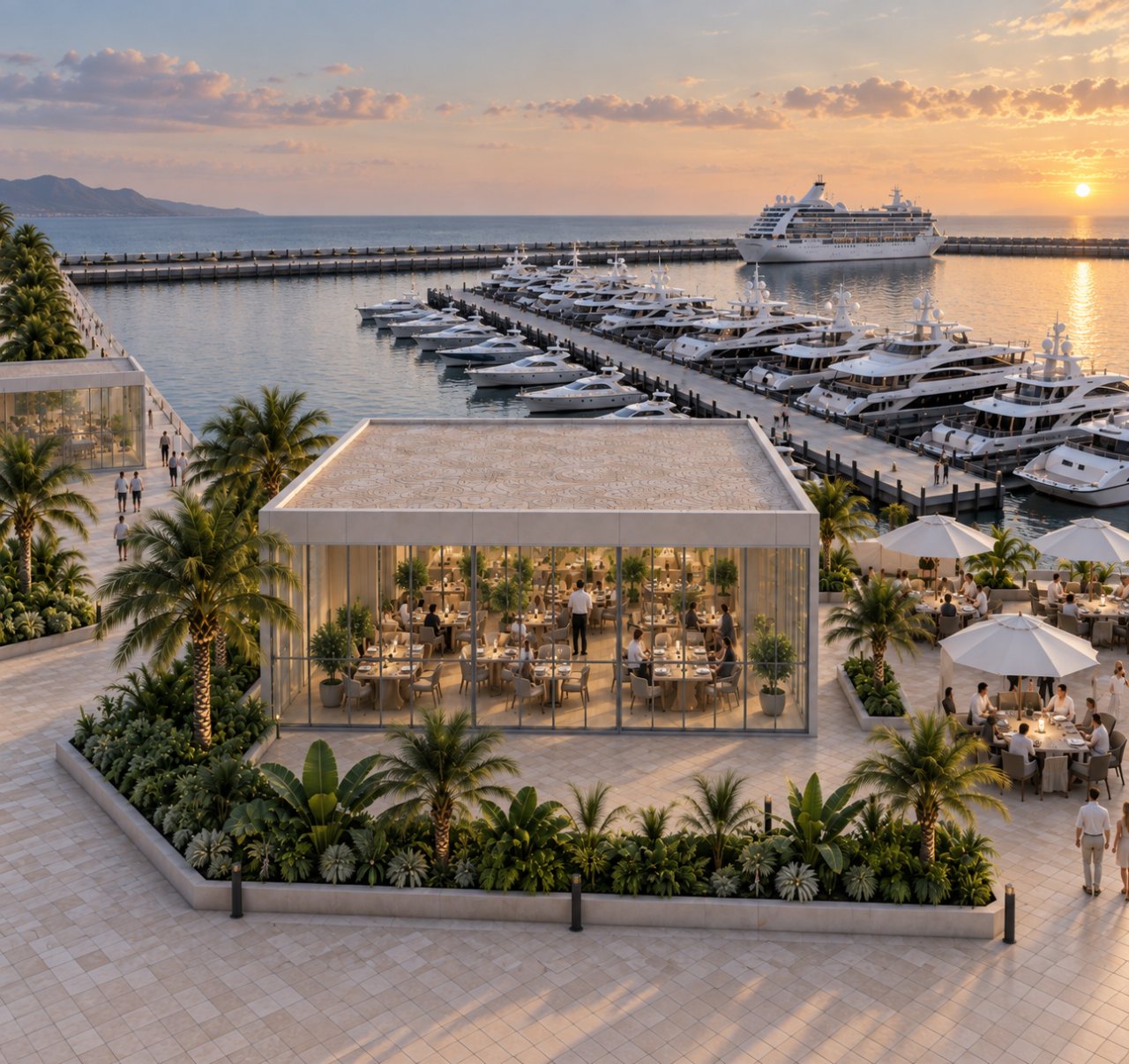 Artist’s Impression: a glass-walled restaurant and terrace on the quay at sunset, yachts along the pontoons behind